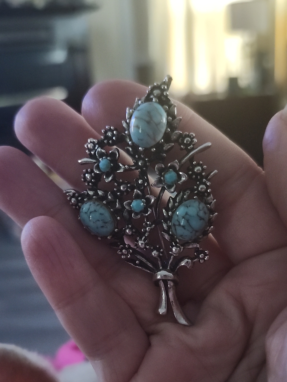 Turquoise Cabochon Floral Bouquet Brooch - Silver Tone